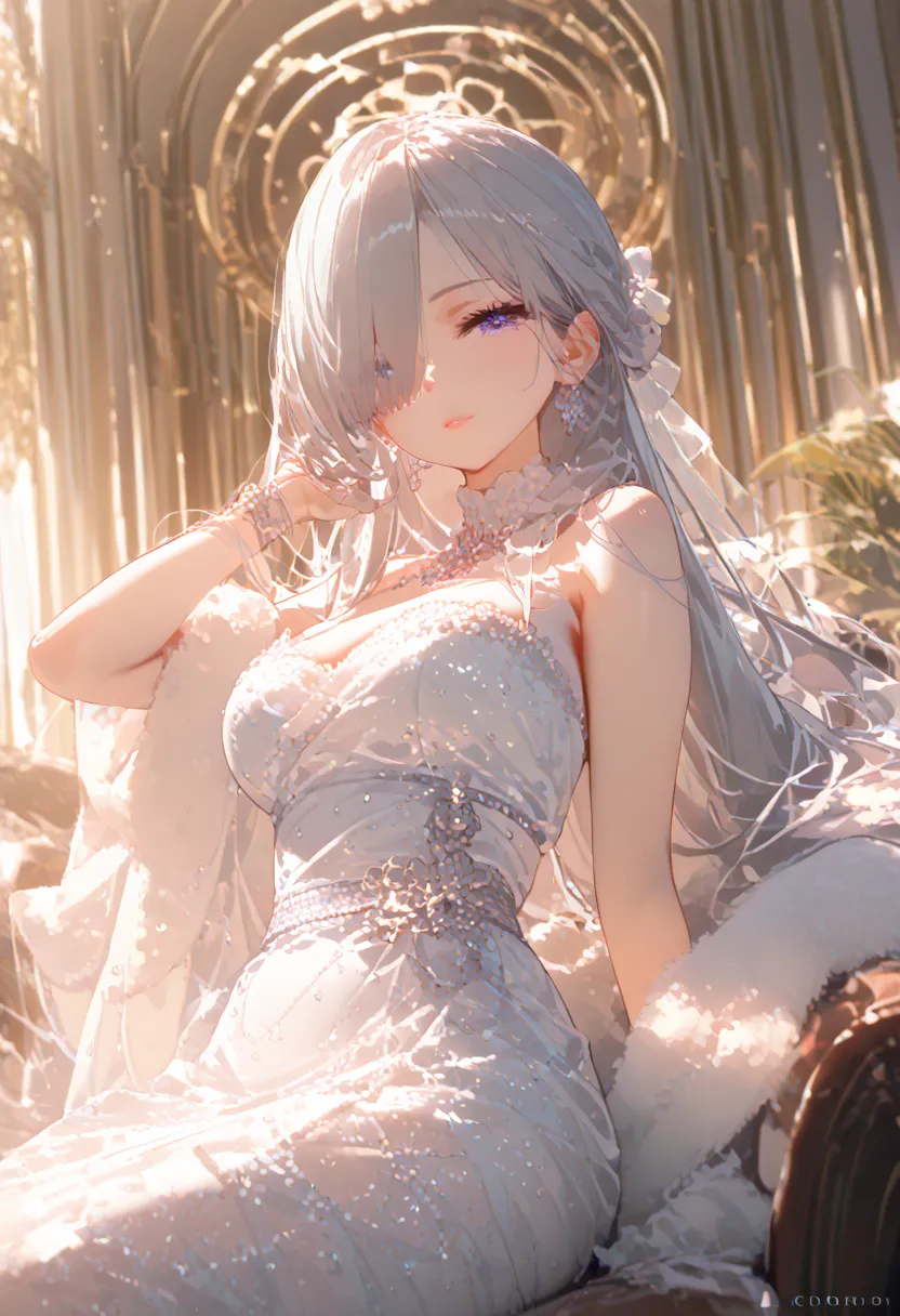 ,  the hair covers the eye, game de rol,  bare shoulders are visible,  a girl,  long hair, 4k,    duration ,  fancy, personaje de game, game