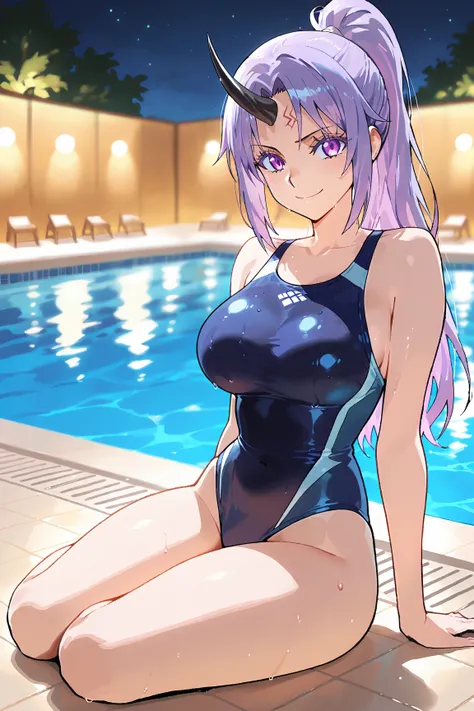 alone, black horn, 1 single horn in the center of the forehead,ponytail, one horn, breasts, long hair, purple eyes, Girl with a mischievous laugh, squinted eyes, and a sly smile,large breasts, purple hair, looking at viewer, high ponytail, closed mouth, ey...