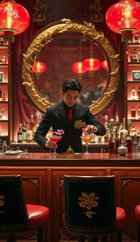 A hyper-realistic, ultra-detailed, 4K cinematic image of a luxurious bar inside a Mulan-inspired restaurant. The bar counter is crafted from deep mahogany with gold dragon carvings, polished to a mirror-like finish. Above it, shelves of premium liquors, ra...