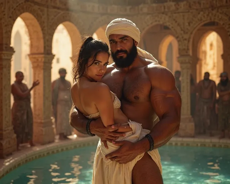 "A highly detailed, super sharp and realistic real-to-life image of a 40-year-old, muscular mature, golden dark brown skin, Arab man in skimpy white linen loin cloth and turban in a crowded bath within a harem during golden hour through blue-ish windows. H...