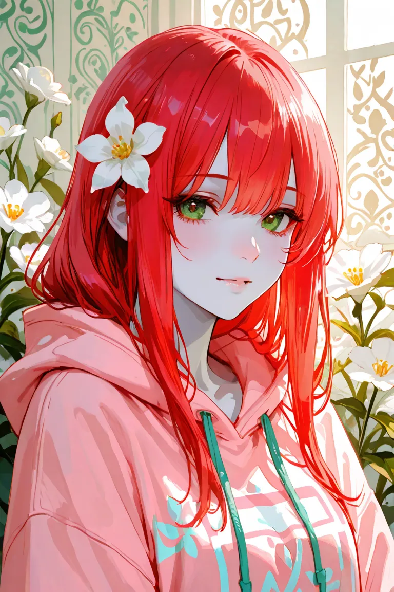 masterpiece, best quality, very aesthetic, absurdres, safe, Digital painting of a young asian woman with pale skin and long, wavy, pastel Cherry Red hair, wearing a hooded sweatshirt with a colorful Tribal design. She has large, expressive green eyes and a...