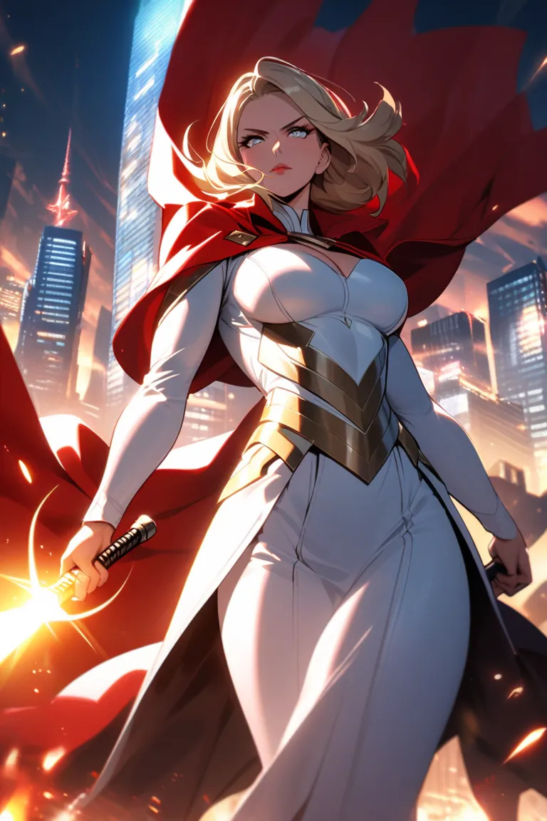 superhero,  mature woman, cloak, short blond hair, white costume, P symbol in the center of the costume,  Good body , 빨간 cloak, confident pose, Bright face, Modern city background