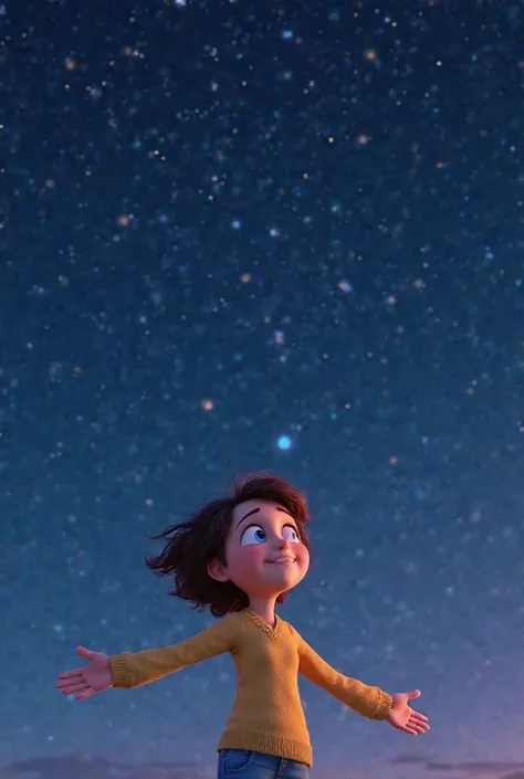 "clara, Now , look at the starry sky once again, with a calm and satisfied smile.  She's standing,  with open arms , as if embracing the universe. The sky is filled with twinkling stars. 3d pixar style."