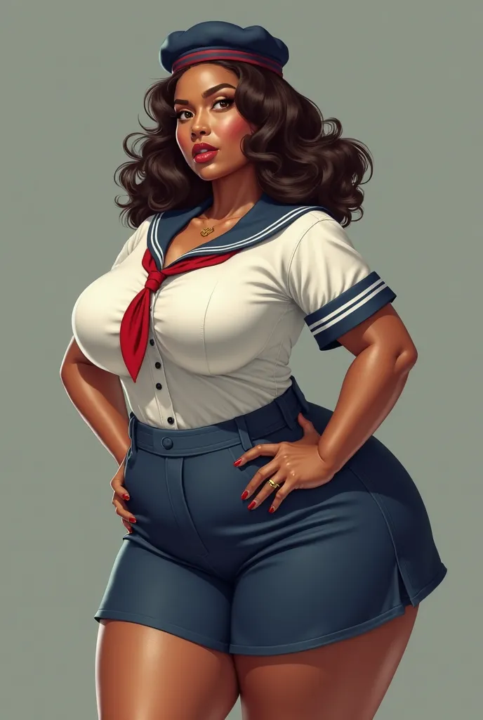  A brown woman ,  with big breasts, in a sailor suit, a big butt and fat legs, dressed in a tight white shirt and a short skirt