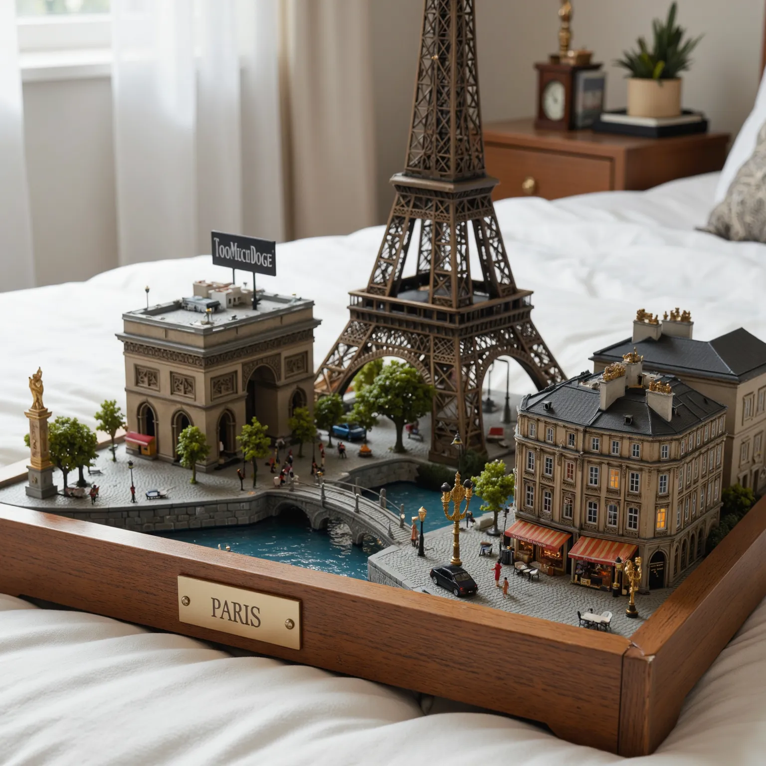 Create a highly detailed Paris diorama featuring its most iconic landmarks:

Eiffel Tower – A finely detailed miniature with intricate metalwork, standing tall as the centerpiece.
Arc de Triomphe – Precisely sculpted, surrounded by a miniature Champs-Élysé...