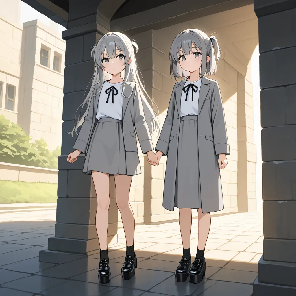 anime girls, 2girls, full body front, standing, bare legs, light skin, gray long hair, gray eyes, white shirts, gray coats, gray skirts, black platform shoes