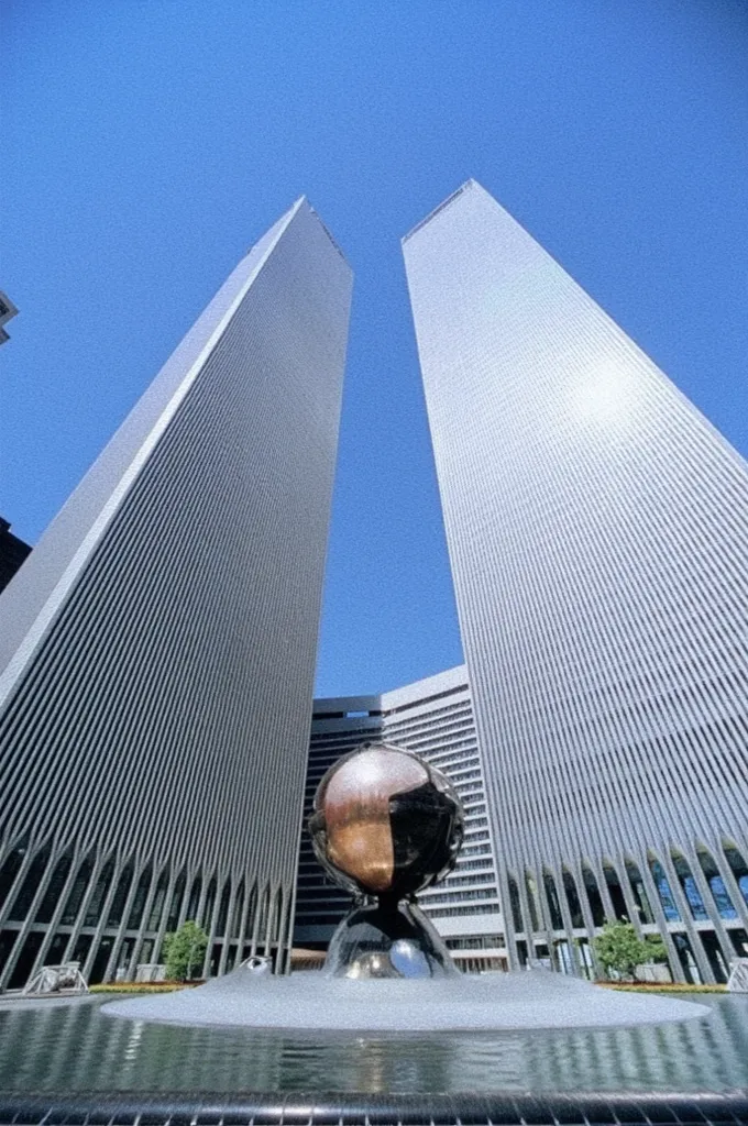 Create an ultra-realistic, high-definition 3D render of a single Twin Tower from the World Trade Center in New York City, before the September 11, 2001 attacks. The image should be crystal-clear, highly detailed, and extremely sharp, with a focus on the ar...