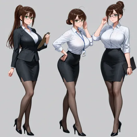 A stern and attractive brunette woman. She is dressed in very tight office attire. ((Ponytail/bun)). ((Glasses)) (big breasts), (green eyes) (tall) heels, holding a clipboard. ((Office setting)) (detailed eyes) ((stern)) (multiple angles) 