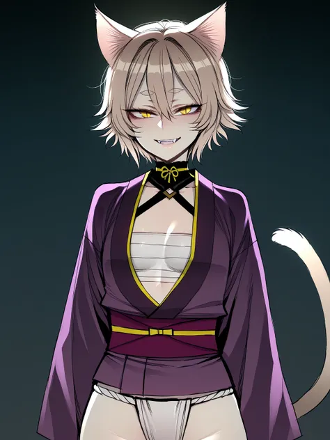 ((ratatatat74)), ((1 girl)), solo, Nekomata, light brown hair, ((short hair))), hair between eyes, light brown cat_ears, short eyebrows, yellow eyes, slit_pupils, fangs, nail, mesugaki, small_breasts, purple_color_short_kimono, bandaged_chest, fundoshi, gi...