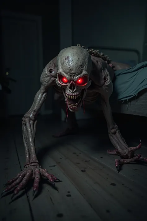 "In a pitch-black bedroom, a monstrous skeletal figure lurks under the bed, its glowing red eyes cutting through the suffocating darkness. Its decayed, -like skin clings tightly to its bony frame, revealing a grotesque spine protruding along its back. Its ...