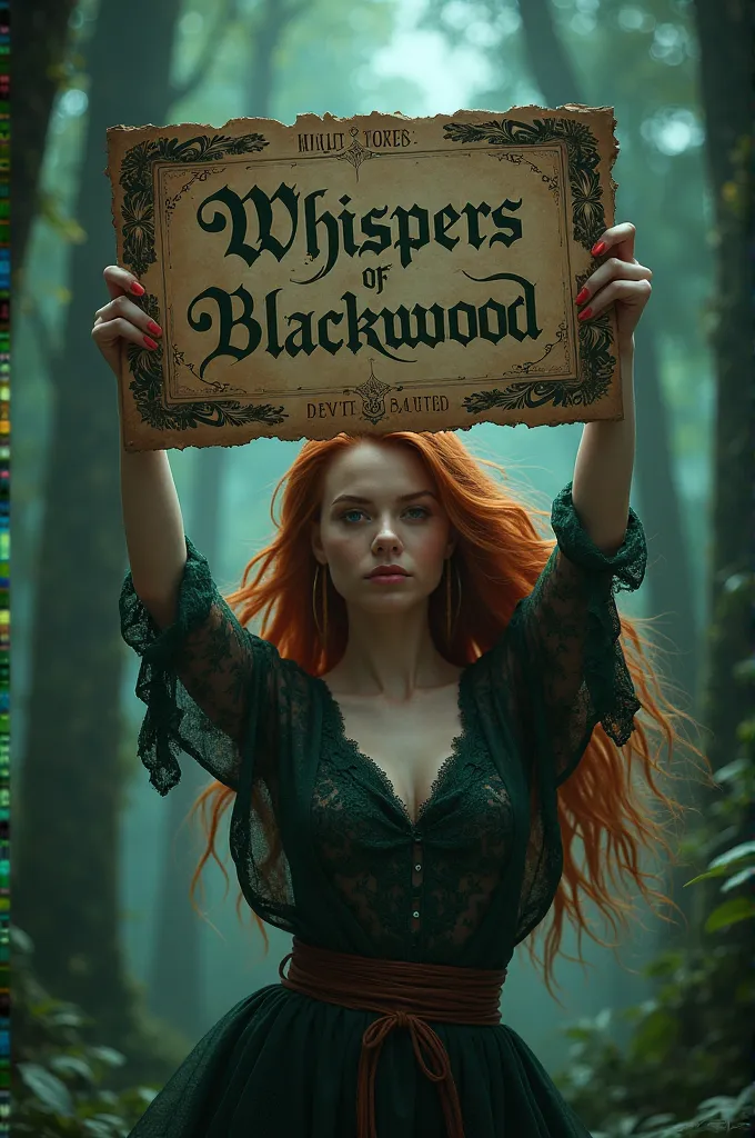 A hot girl holding up a sign that says “JOIN WHISPERS OF BLACKWOOD”