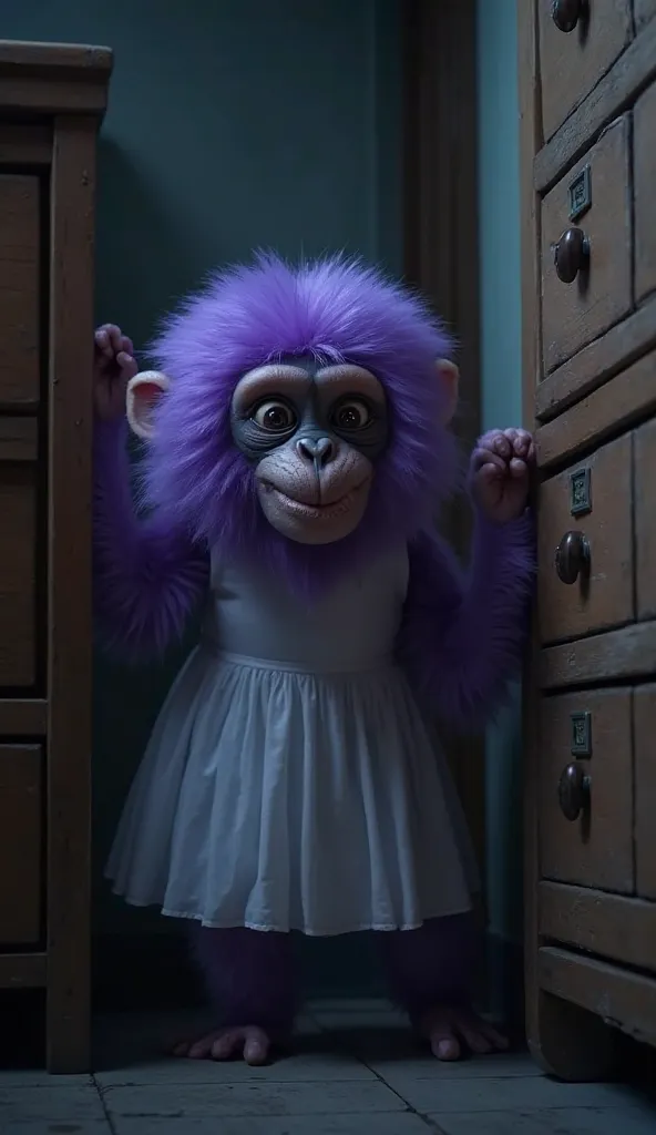  Fantastic　 realistic footage　night　A dim Japanese house room　A purple monkey with a white dress and a scary, wide-eyed face　It's between the chest of drawers and the wall