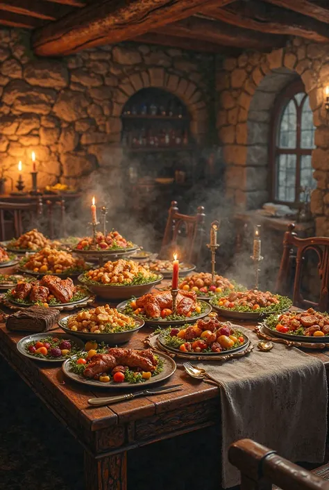 a table with many tasty food, enough for two people  in an ancient  inn