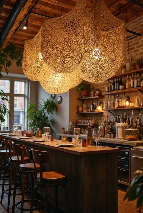 Create a bar with a crochet net on the ceiling and subtle decoration on the walls 