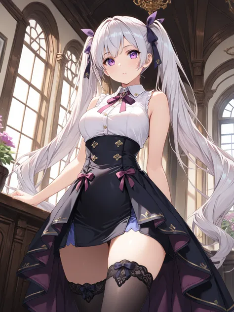 1girl, silver hair, very long hair, twintails, purple eyes, hair ribbon, white collared shirt, sleeveless, high-waist skirt, thighhighs, overskirt,, cinematic angle,, (masterpiece, best quality, extremely detailed), perfect composition, indoors