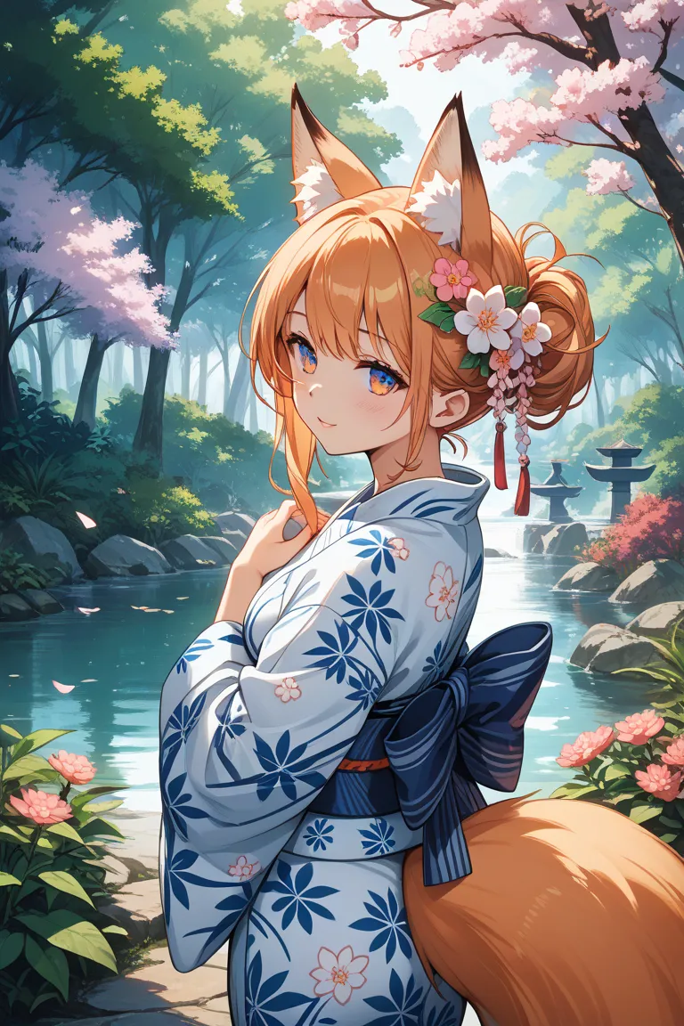 Draw a Japanese-style girl with fox ears and tail