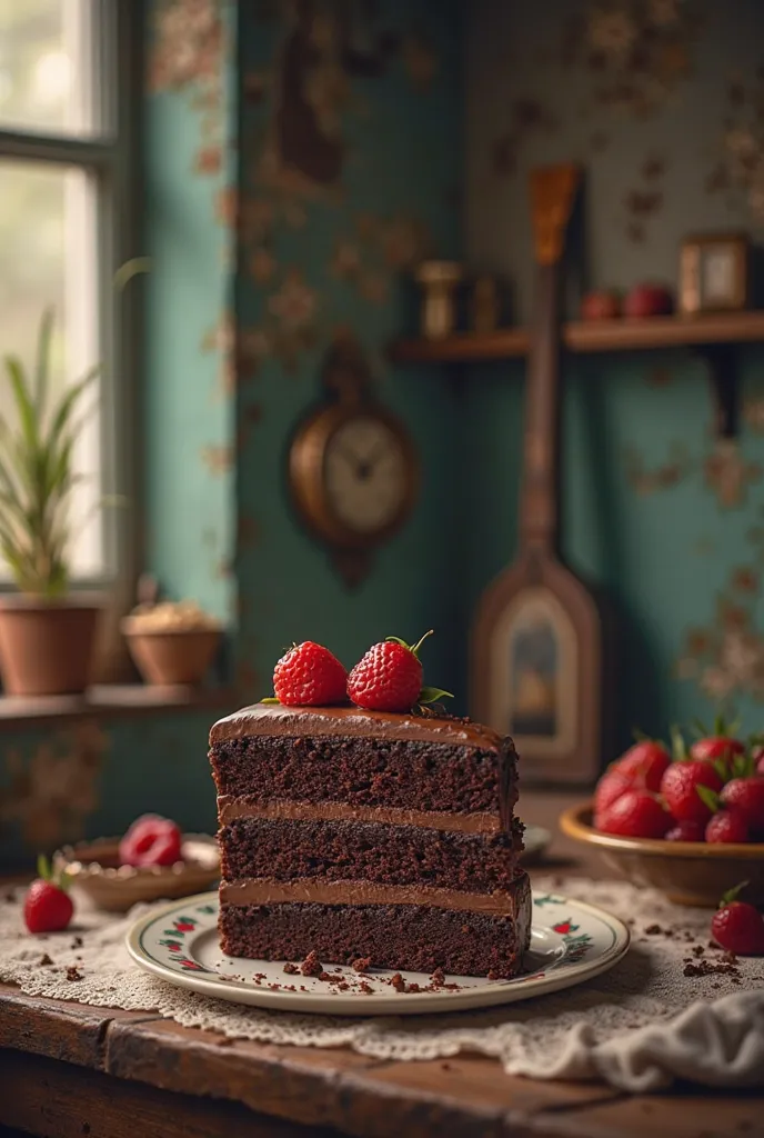 Generate a vintage-style but colorful image on a chocolate cake in an old but very nice kitchen, with a sad context, Animated roccoco style, as if it were a dark fantasy painting, as if it were an oil painting without looking very realistic