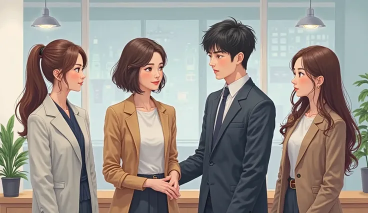 Realistic

Office - 4 persons

1.Soo-ah (is a korean woman age 29 shoulder lenght brown hair) 

2. Ji-hoon (is a korean handsome guy age 30) 

3.Min - Woo (is a korean handsome guy age 29)

4.Hye-Jin ( is a korean woman age 30 long hair)

