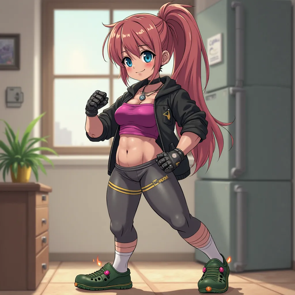 Anime ,girl,, muscular female, muscle size,(white skin),muscular ,room, biceps, long pink ponytail blue eyes magenta tank top bellybutton shown, smoky grey skin tight pants green crocs busty abs wearable weights, muscular thighs, punching obese busty tombo...