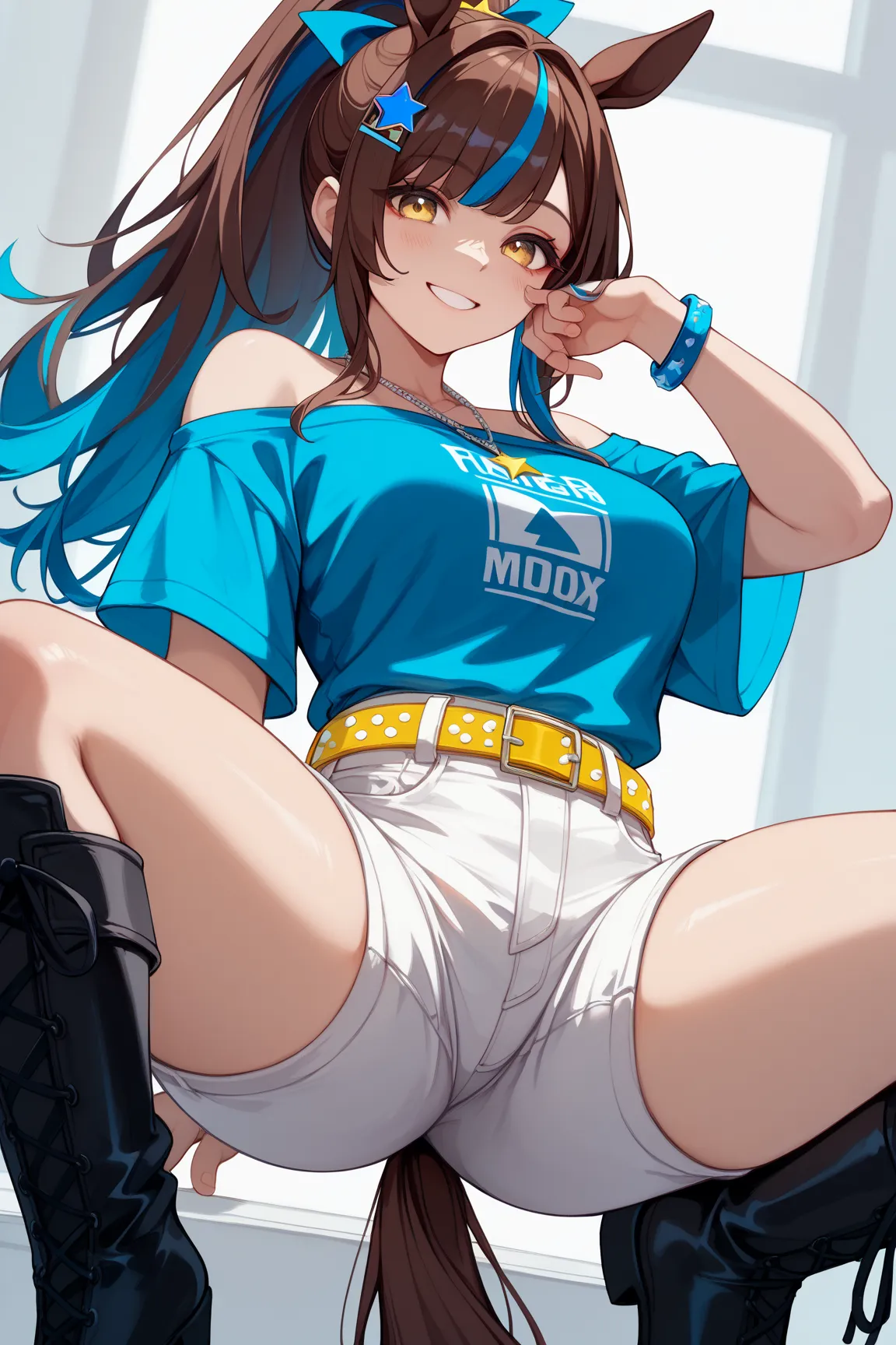 1 girl、Red dark brown hair、((blue streaked hair)), (blue highlights hair)、 star-shaped hairpin with bangs split to the right、 gal、 horse ears、((blue off-the-shoulder shirt))、(( White Hot Pants))、((white shorts))、square necklace、Fluorescent light blue ribbo...