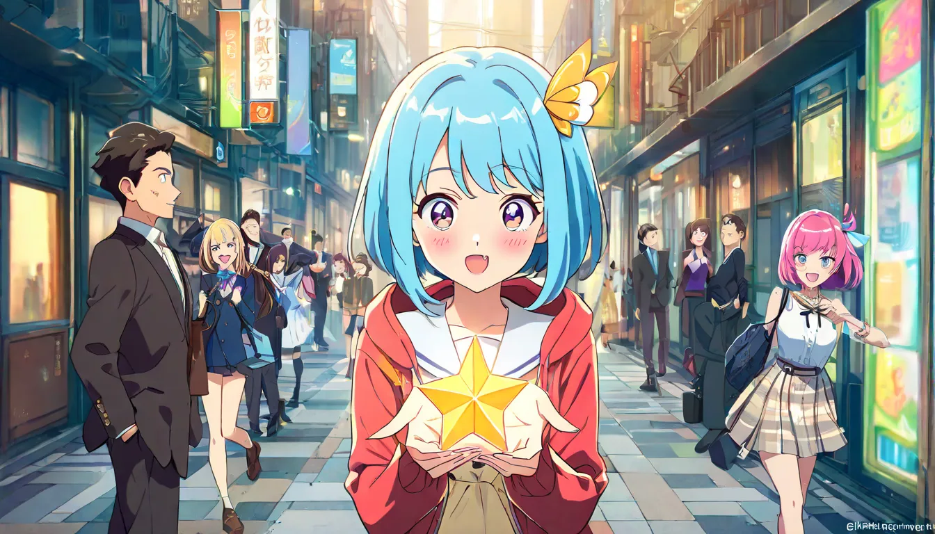 A young girl with water-blue hair styled in a semi-long or bob cut, adorned with a distinctive yellow star hair ornament. She has bright, expressive eyes that radiate charm and energy. Her playful yet elegant smile reveals a signature sharp little fang (ya...