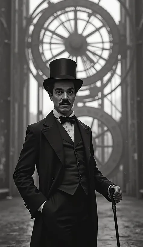 A black and white film still of Charlie Chaplin, in his classic black suit, bow tie, top hat, twirling his cane. The Mortal Kombat clock tower stage looms behind him, gears turning ominously.	