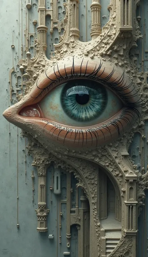 make a surrealist abstraction of the eye combined with architecture