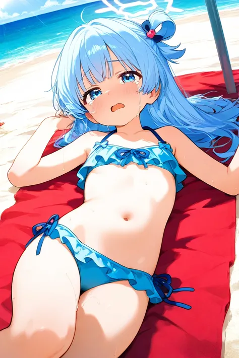 Girl in Swimsuit、Cat ears、light blue hair tied at the top、 light blue eyes、 small tits、The swimsuit is off、sea、embarrassing、 cries、 from the roadside、I'm lying on my side on the sandy beach