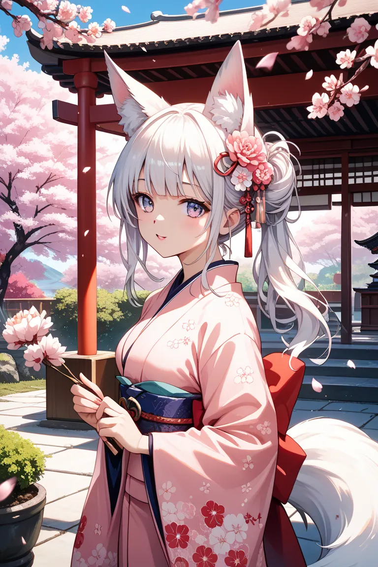 Draw a Japanese-style girl with white fox ears and tail