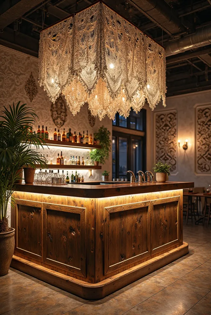 Create a bar with a crochet net above the bar and that shows more of the decoration of the walls 