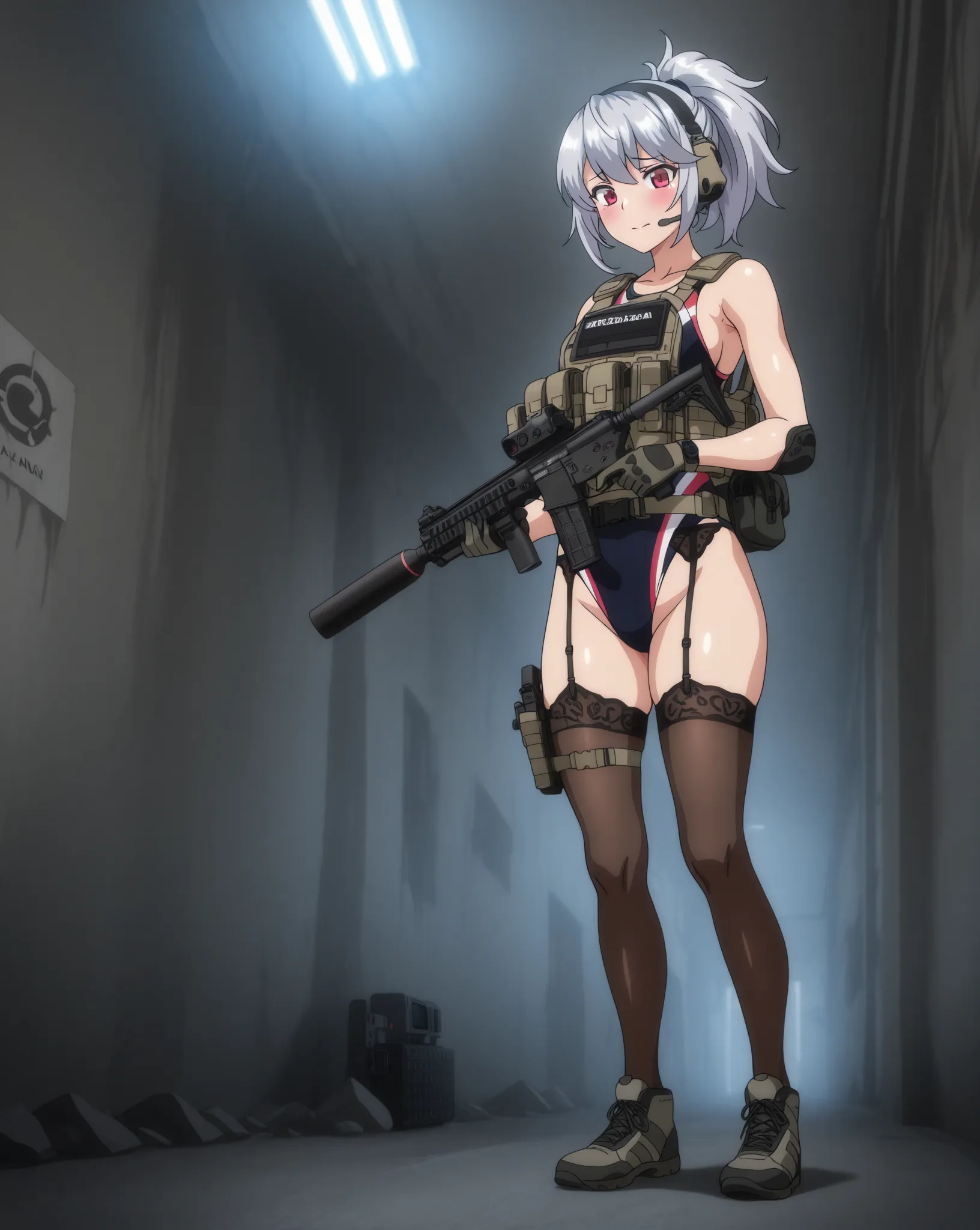 A tactical anime-style adult female soldier wearing tactical gear with a fleshy, glamorous figure。 with short silver hair tied in a ponytail with a navy hair band 、 red eyes。 shy expression。Wear black tactical armor only on a high-leg competitive swimsuit ...