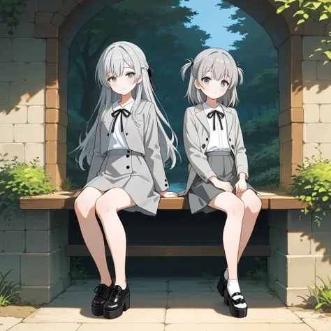 anime girls, 2girls, full body front, standing, bare legs, light skin, gray long hair, gray eyes, white shirts, gray coats, gray skirts, black platform shoes