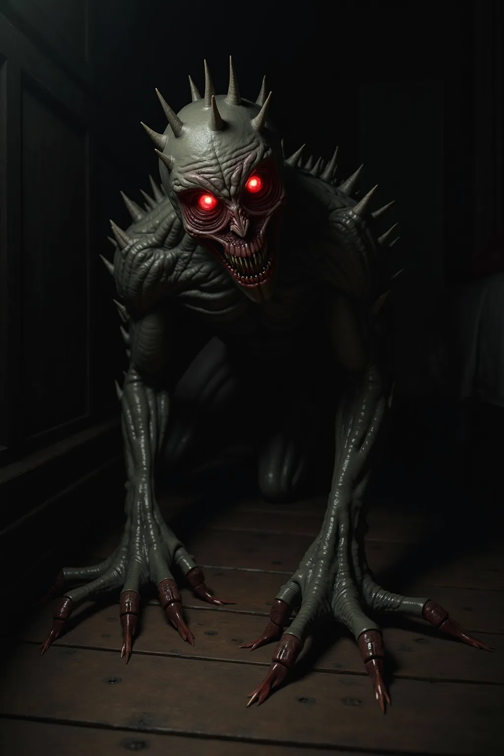 **Prompt:**  
"In a pitch-black bedroom, a demonic entity lurks under the bed, its glowing red eyes burning like embers in the suffocating darkness. Its skin is a sickly, ashen gray, stretched over a gaunt, sinewy body covered in jagged, protruding spines....