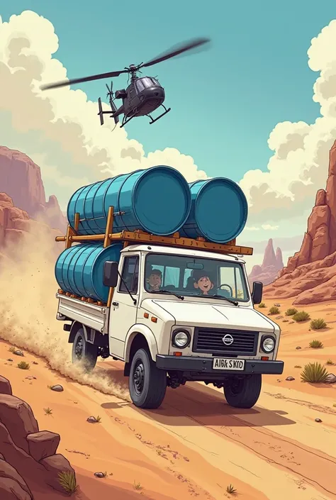 Create a cartoon image of a white Nissan np300 in sheaves, tons loaded with blue drums in the desert and a black army helicopter in pursuit. 