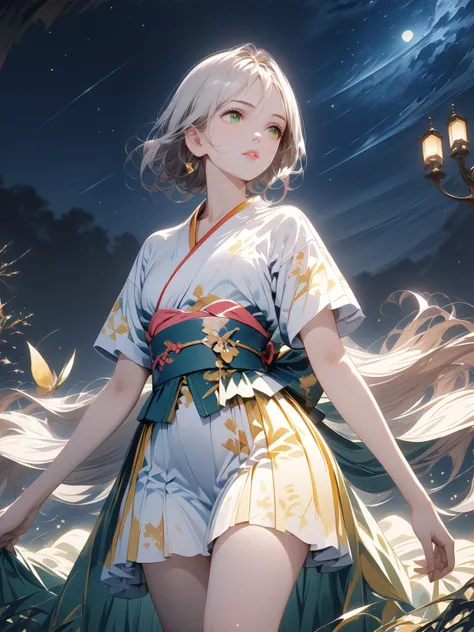 Wa Lolita, kimono skirt, furisode sleeves, medium silver hair,  girl with green eyes, Alone,  sky full of stars,  alert ,  knee shot, corruption, Short sleeve, miniskirt, NSFW,