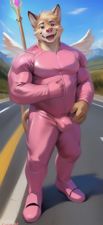  alone, male Tall​,huge​ body​, stand,Holding the magic staff of an angel.,angel Two wings long, road,pig mangoose​ ​,  pink military spacesuit,  heavy overload,  muscle bundle, Sexual​ Emotions​ happy​,by chunie ​