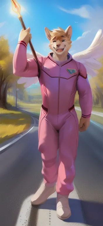  alone, male Tall​,huge​ body​, stand,Holding the magic staff of an angel.,angel Two wings long, road,pig mangoose​ ​,  pink military spacesuit,  heavy overload,  muscle bundle, Sexual​ Emotions​ happy​,by chunie ​