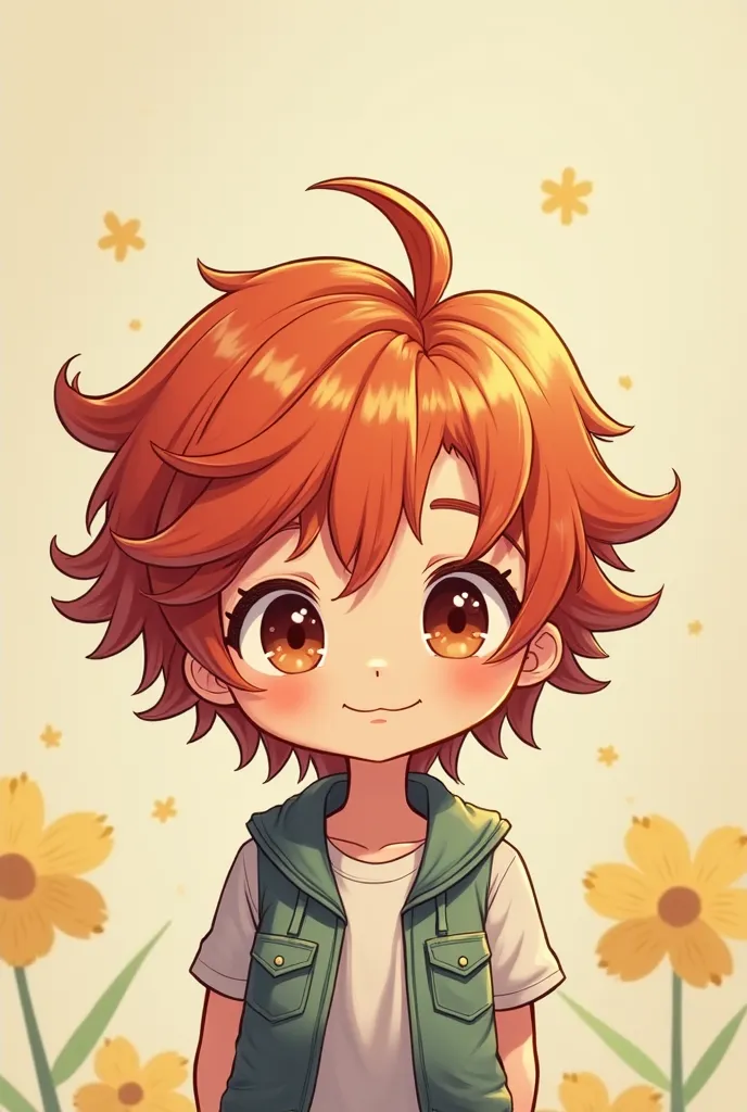 Make a Chibi of a boy with medium-size reddish hair with blonde locks, half tan  , 