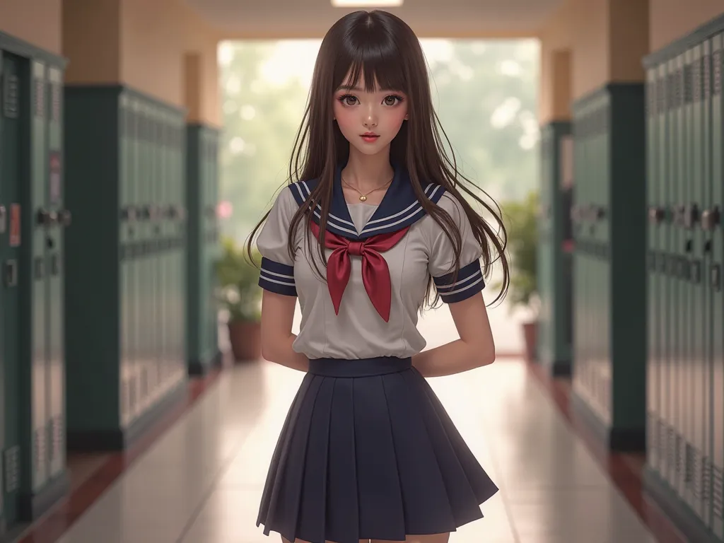 a beautiful girl with sexy uniform in school