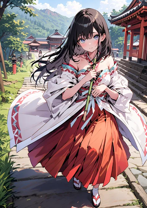 It's because of Rikkata,   black hair,  blue eyes,semi-long hair,  Orange Scrunch , scrunchie , List Scrunch, shrine maiden costume, white kimono ,Red Hakama, white socks,Sandals,I'm cleaning the stairs with a bamboo broom with both hands,noon,full bodyがイラ...