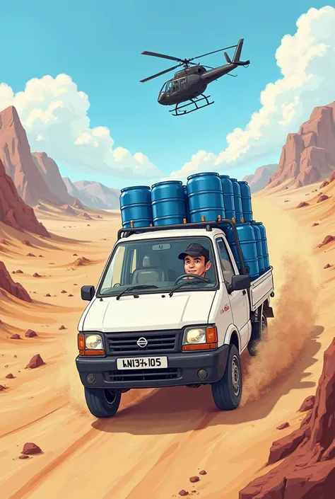 Create a cartoon image of a white Nissan np300 in sheaves, tons loaded with blue drums in the desert and a black army helicopter in pursuit. 