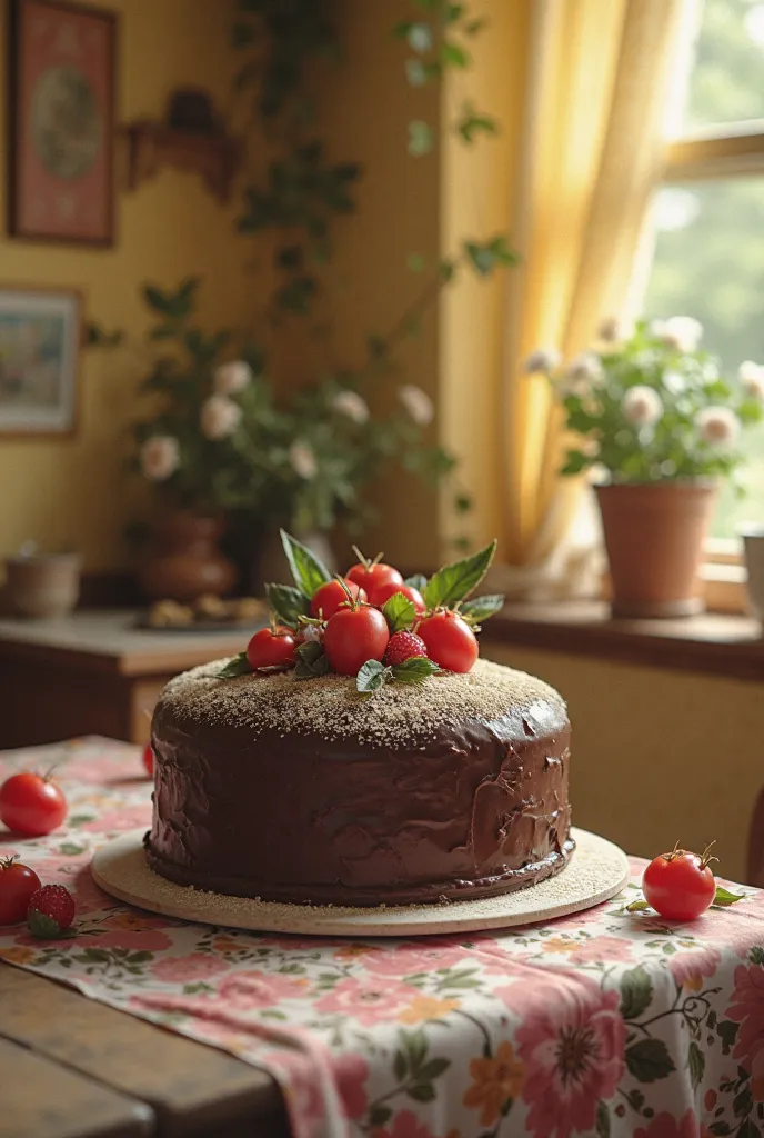 Generate a vintage-style but colorful image on a simple chocolate cake in an old but beautiful kitchen, with baby yellow walls and vintage flowers and prints, with a sad context, Animated roccoco style, as if it were a dark fantasy painting, as if it were ...