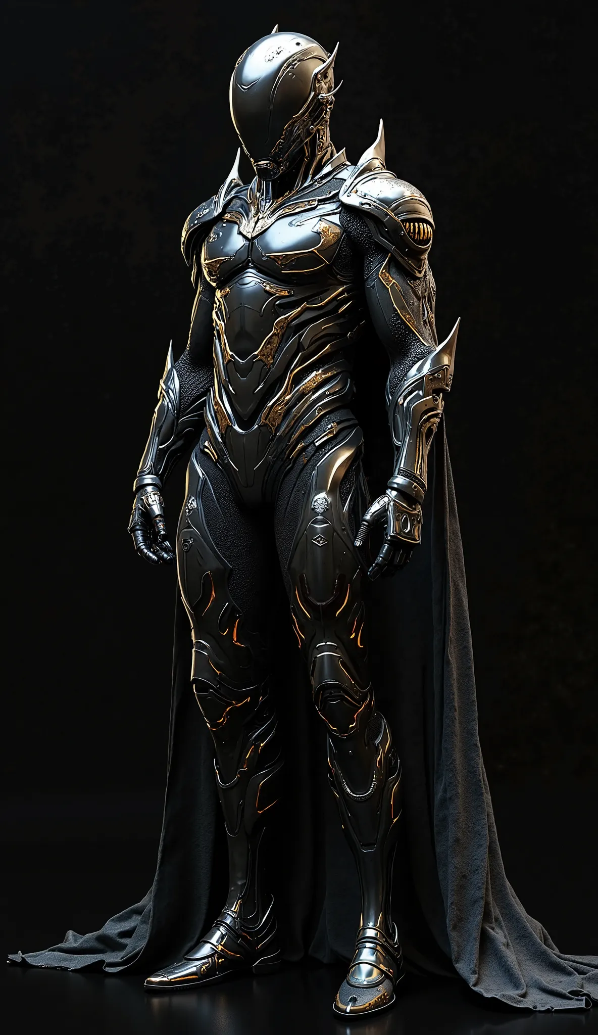 A futuristic warrior clad in a sleek, black armored bodysuit with intricate metallic detailing. The armor is form-fitting, made of a high-tech, flexible yet durable material, with golden or silver vein-like accents running across the chest, shoulders, arms...