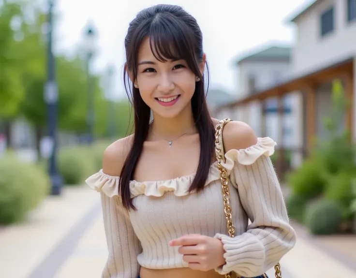  full body shot、cowboy shot、very detailed cute girl、20 years old、Japanese Female、smile、Ponytail、full body shot、 normal breasts 、full body shot、cowboy shot、full body shot、 Walking 、full body shot、full body shot、 handbag、Promenade、off-the-shoulder sweater wi...