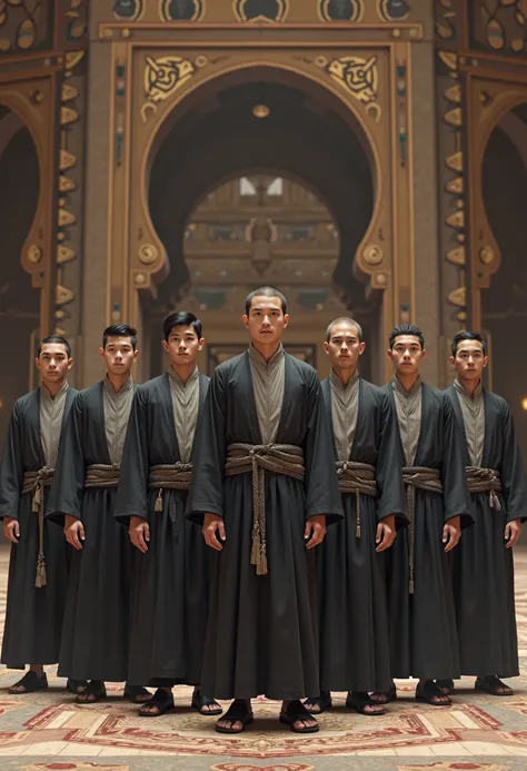 Ten Japanese men of 20 years old with buzzcut hair wearing black coffee beans, wears a white muslim oxford shirt underneath wearing a box sarong, poses standing ,Middle Eastern style grand mosque background