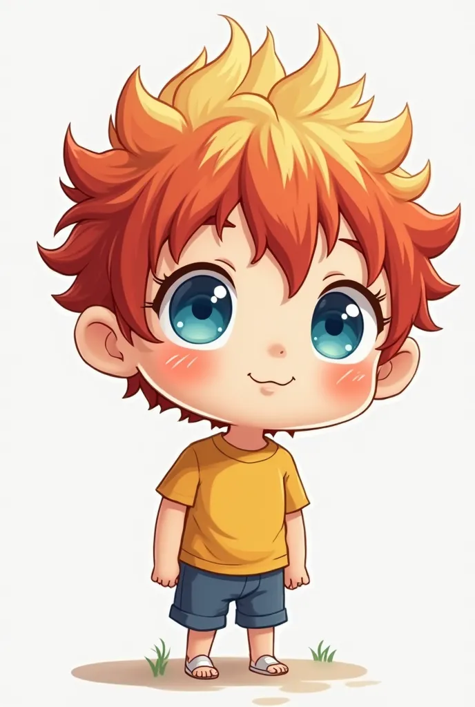 Make a Chibi of a boy with medium-size reddish hair with blonde locks, half tan  ,  with blue eyes, For stream 