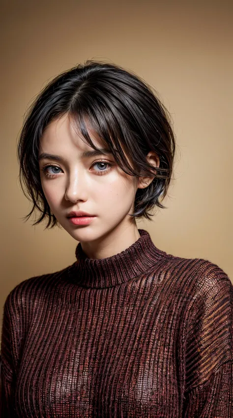 (masterpiece:1.3), (8k, photorealistic, RAW photo, Highest quality: 1.4), (1 girl),  beautiful face, ( realistic face), (  black hair,  short hair:1.3),  beautiful hairstyle, Realistic eyes, beautiful detail eyes, (real skin), beautiful skin, (red sweater)...