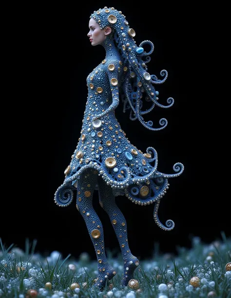 3 d, Rendering. fractal discs.  black background.  Beautiful, slender girl standing full-length on the grass. hair and dress made of neon pearl ribbons and crystal drops in blue, fractal discs in silver and gold.