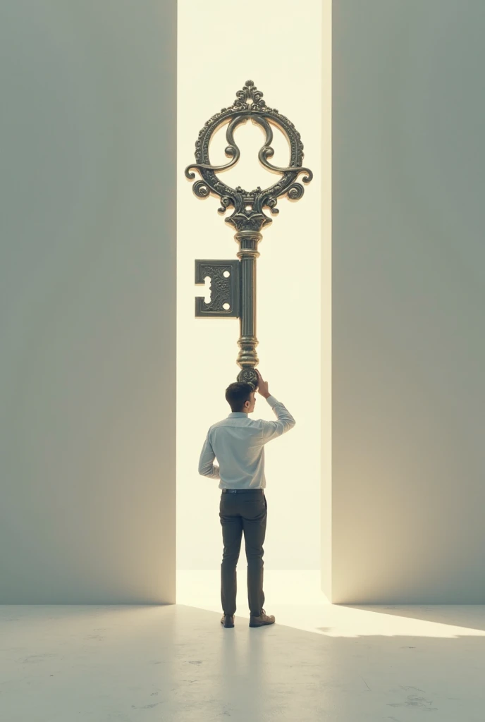 A confident person standing alone, holding a large key that unlocks a door leading to success, symbolizing self-responsibility and leadership in life.