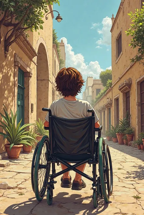  A  in a wheelchair , Brown-haired about , in the time of Jesus comic book style 